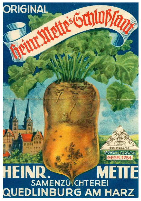 Werbeplakat für Heinr. Mette's Schloßsaat, Samenzüchterei Quedlinburg